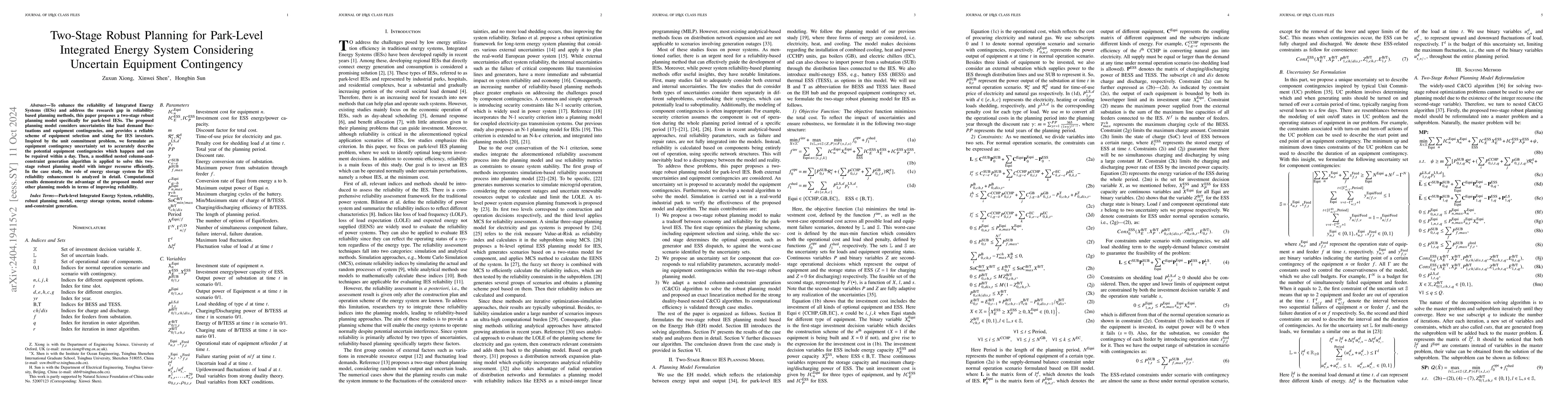 Thumbnail for Two-Stage Robust Planning Model for Park-Level Integrated Energy System
  Considering Uncertain Equipment Contingency