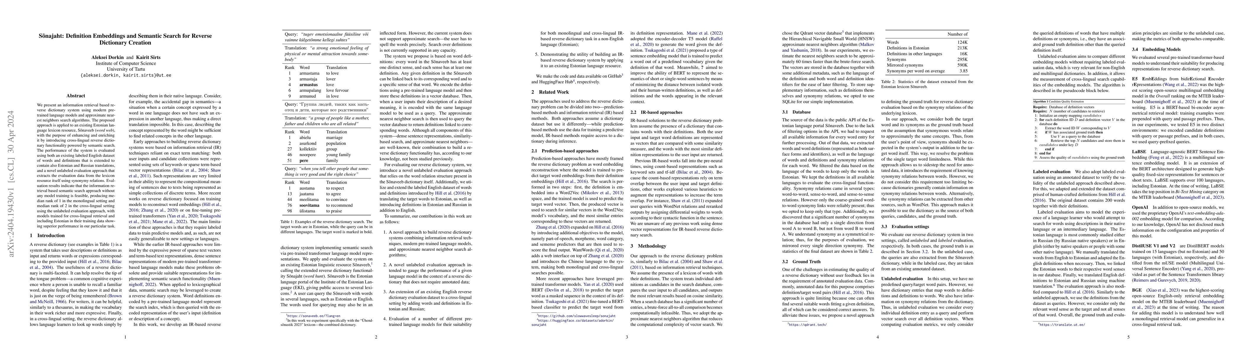 Thumbnail for S\~onajaht: Definition Embeddings and Semantic Search for Reverse
  Dictionary Creation