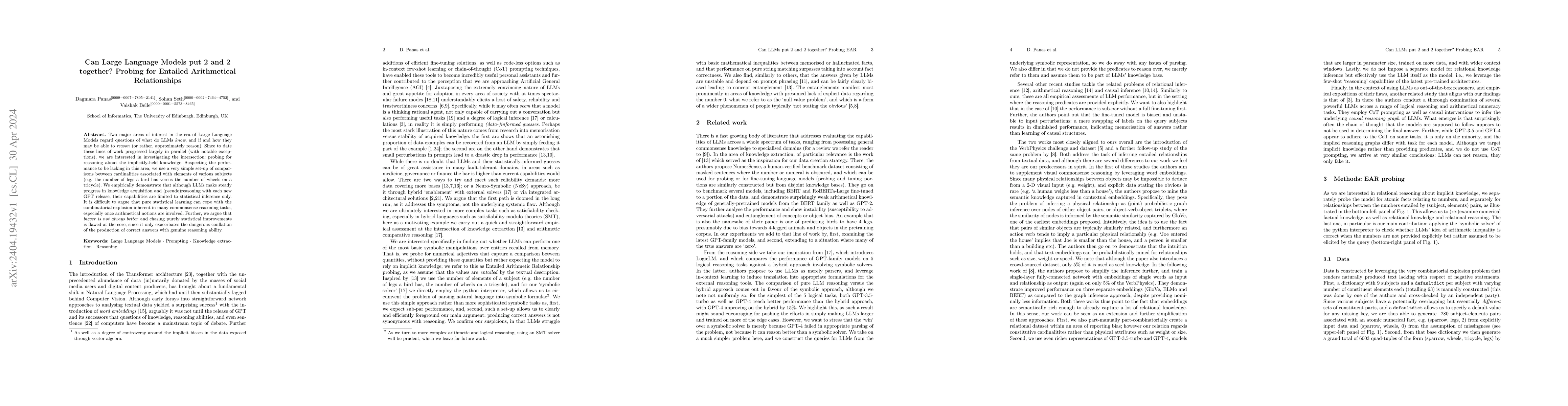 Thumbnail for Can Large Language Models put 2 and 2 together? Probing for Entailed
  Arithmetical Relationships