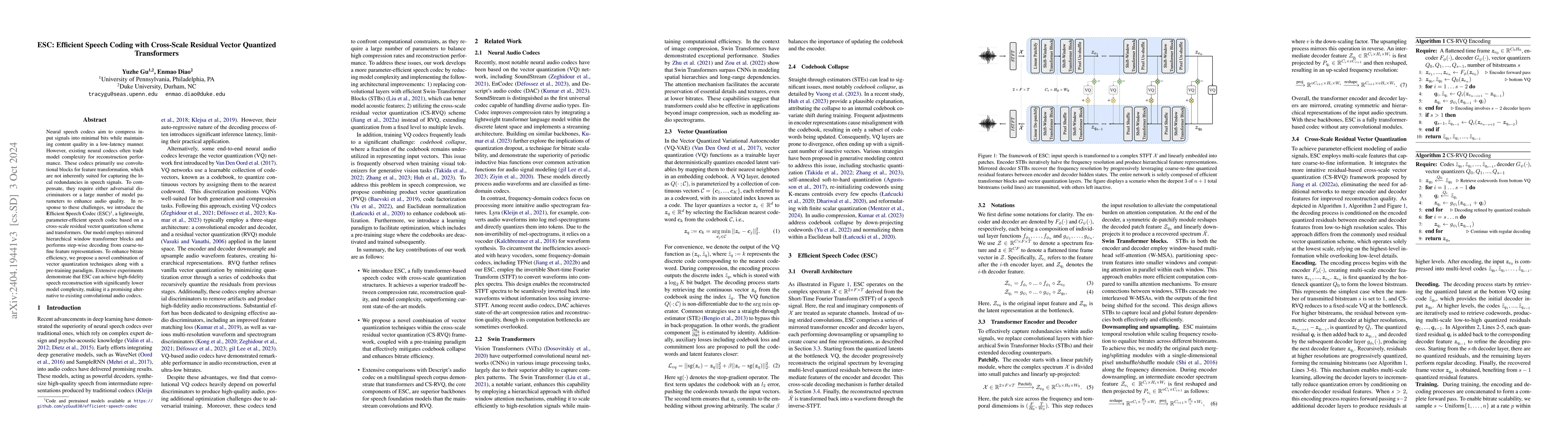 Thumbnail for ESC: Efficient Speech Coding with Cross-Scale Residual Vector Quantized
  Transformers