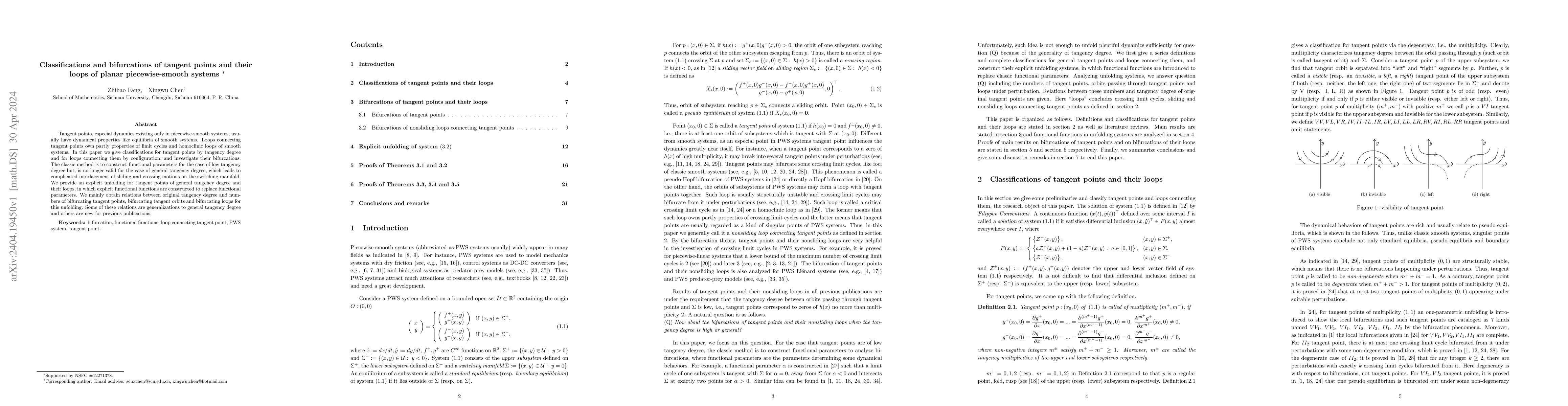 Thumbnail for Classifications and bifurcations of tangent points and their loops of
  planar piecewise-smooth systems