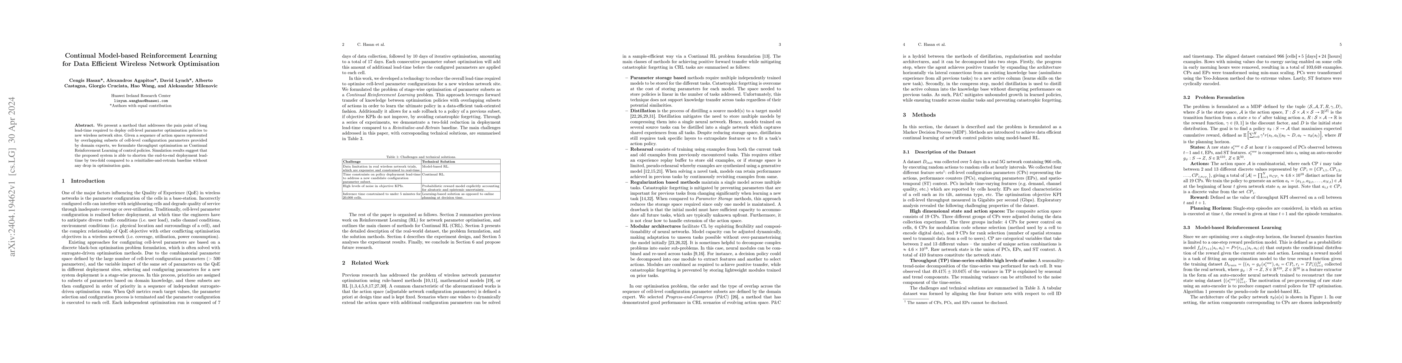 Thumbnail for Continual Model-based Reinforcement Learning for Data Efficient Wireless
  Network Optimisation
