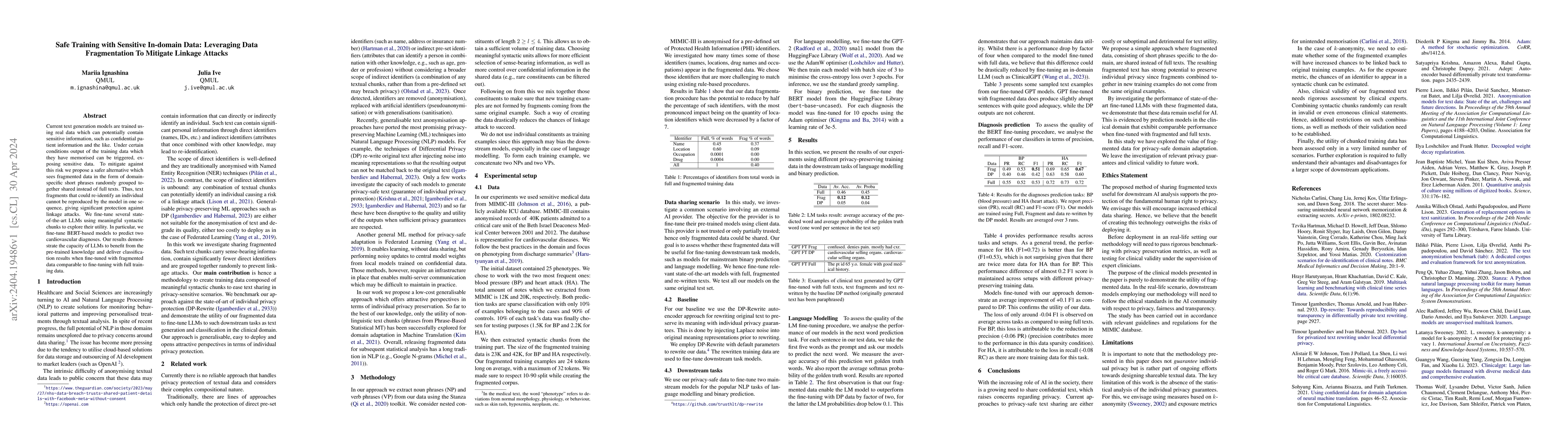 Thumbnail for Safe Training with Sensitive In-domain Data: Leveraging Data
  Fragmentation To Mitigate Linkage Attacks