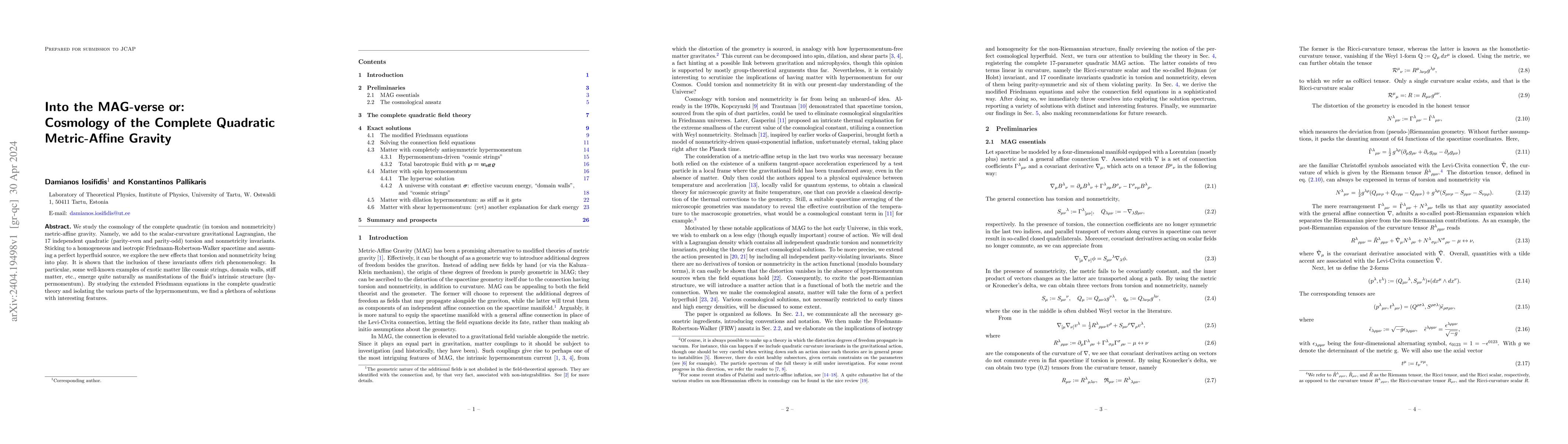 Thumbnail for Into the MAG-verse or: Cosmology of the Complete Quadratic Metric-Affine
  Gravity
