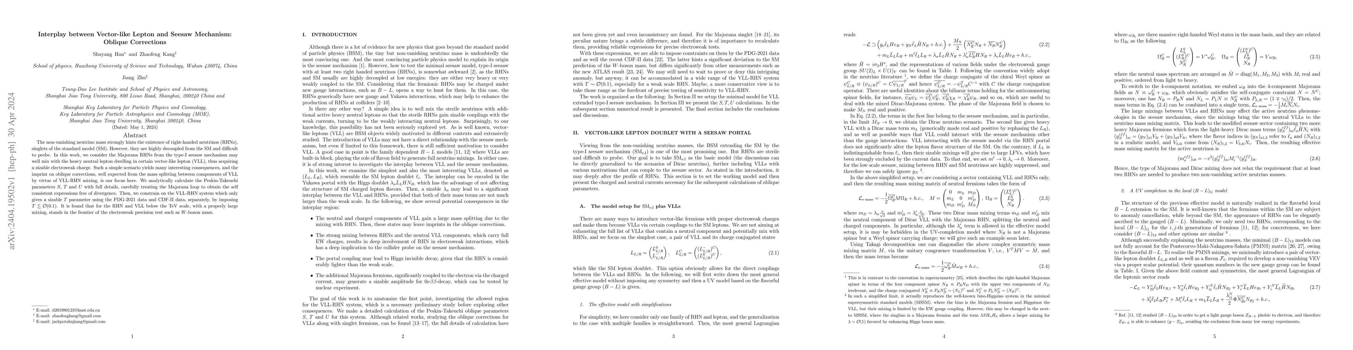 Thumbnail for Interplay between Vector-like Lepton and Seesaw Mechanism:Oblique
  Corrections