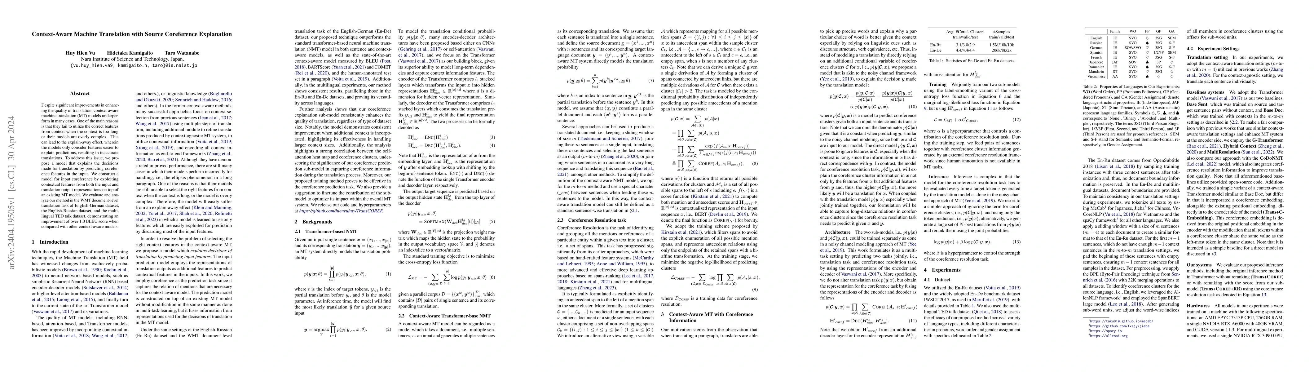Thumbnail for Context-Aware Machine Translation with Source Coreference Explanation