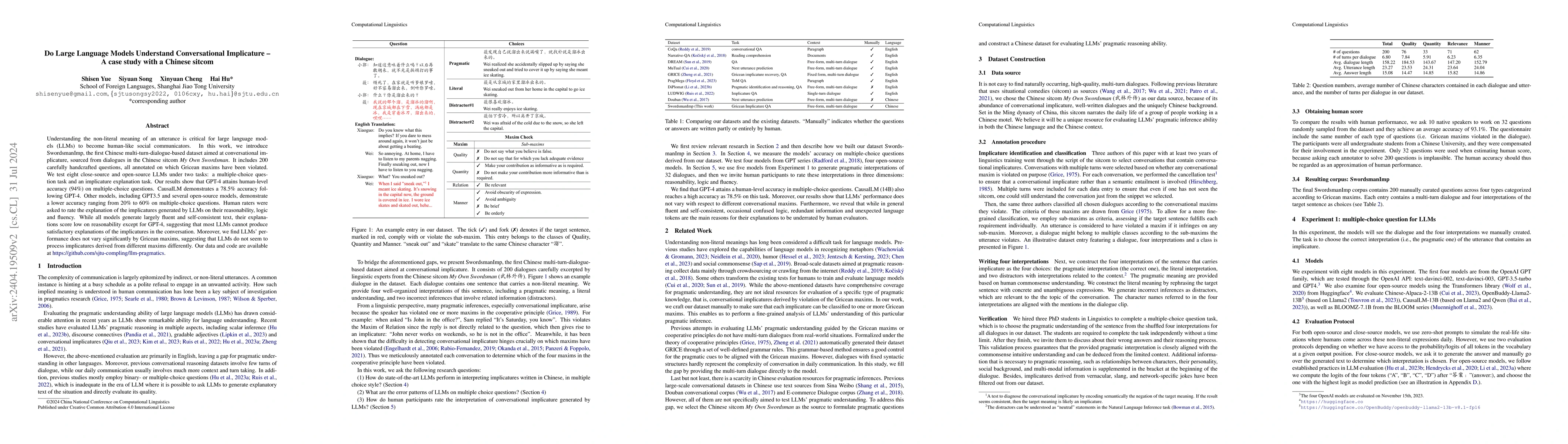 Thumbnail for Do Large Language Models Understand Conversational Implicature -- A case
  study with a chinese sitcom