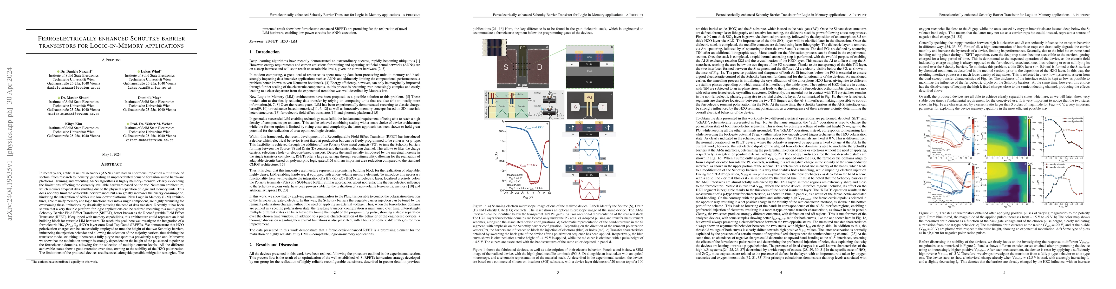Thumbnail for Ferroelectrically-enhanced Schottky barrier transistors for
  Logic-in-Memory applications