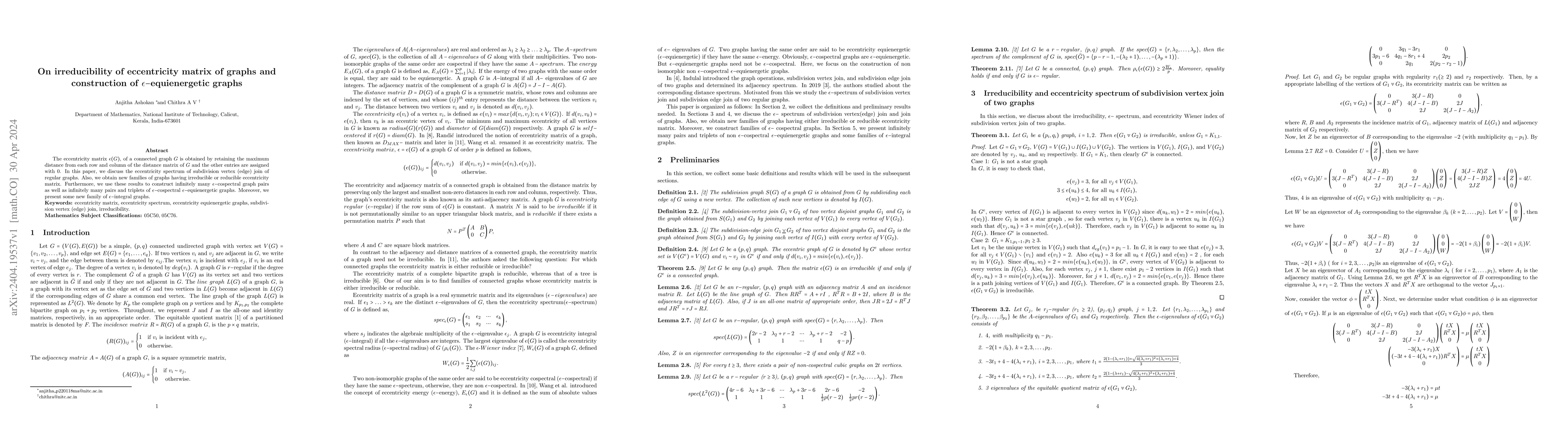 Thumbnail for On irreducibility of eccentricity matrix of graphs and construction of
  $\epsilon-$equienergetic graphs
