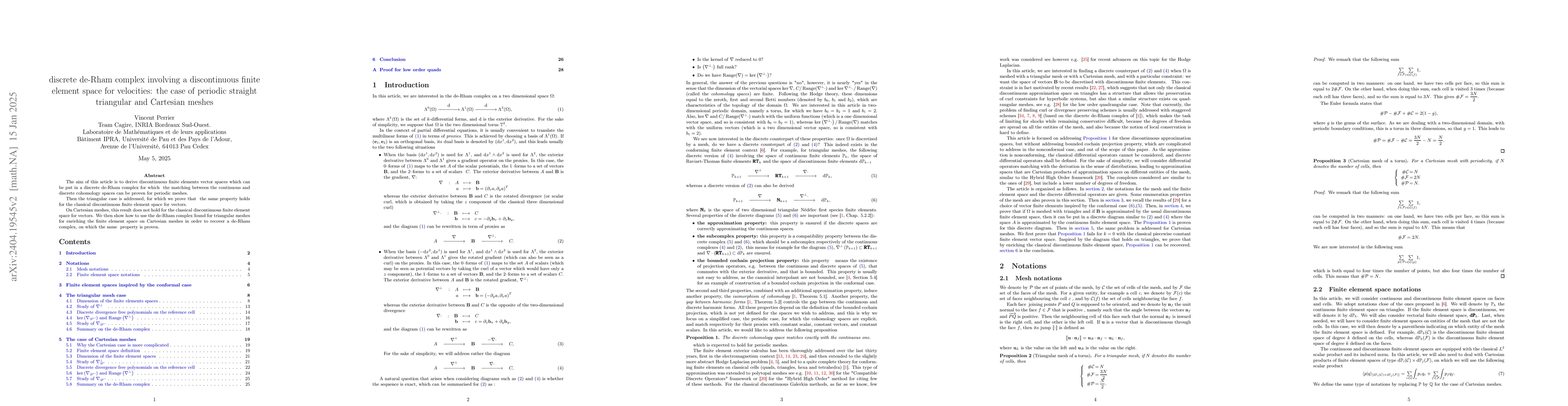 Thumbnail for Discrete de-Rham complex involving a discontinuous finite element space
  for velocities: the case of periodic straight triangular and Cartesian meshes