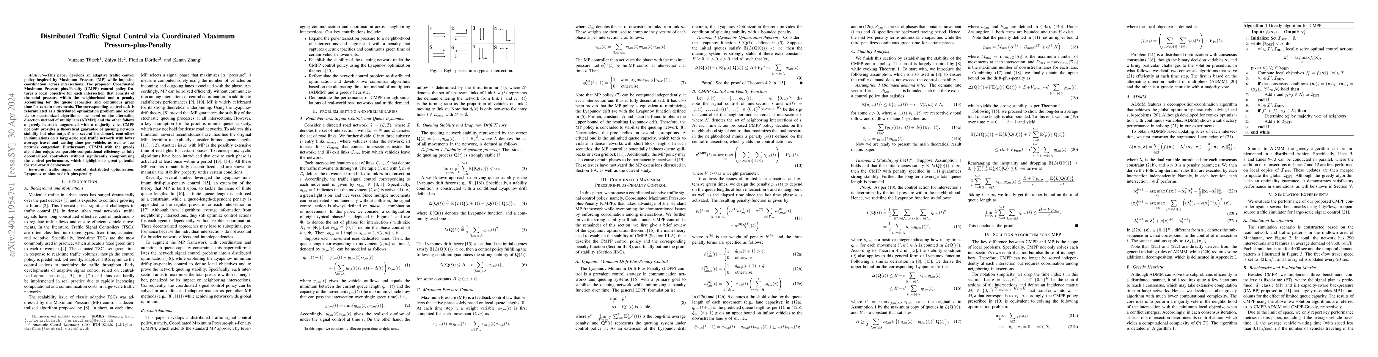 Thumbnail for Distributed Traffic Signal Control via Coordinated Maximum
  Pressure-plus-Penalty