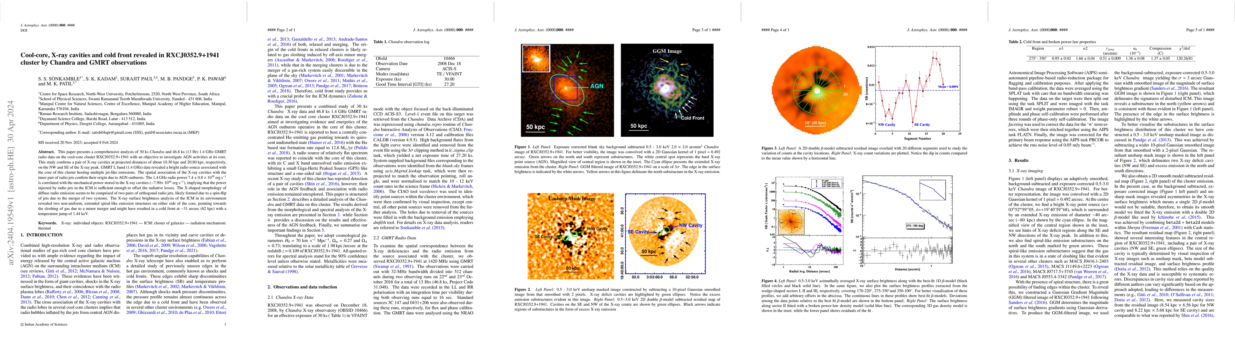 Thumbnail for Cool-core, X-ray cavities and cold front revealed in RXCJ0352.9+1941
  cluster by Chandra and GMRT observations