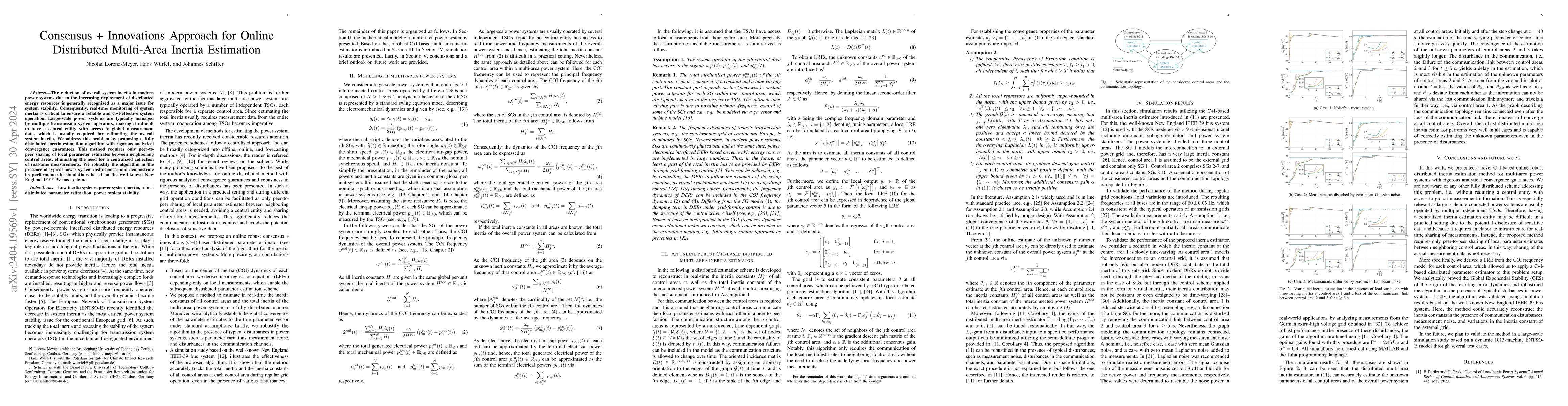 Thumbnail for Consensus + Innovations Approach for Online Distributed Multi-Area
  Inertia Estimation