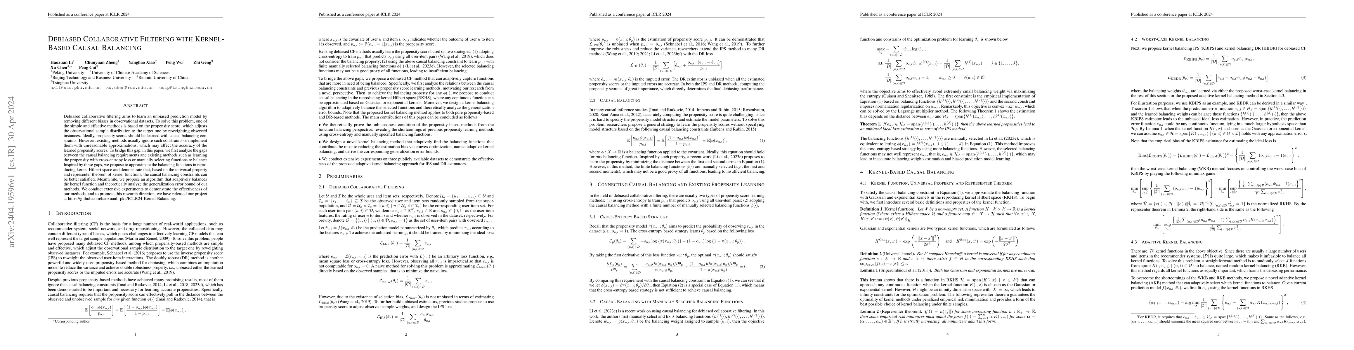 Thumbnail for Debiased Collaborative Filtering with Kernel-Based Causal Balancing