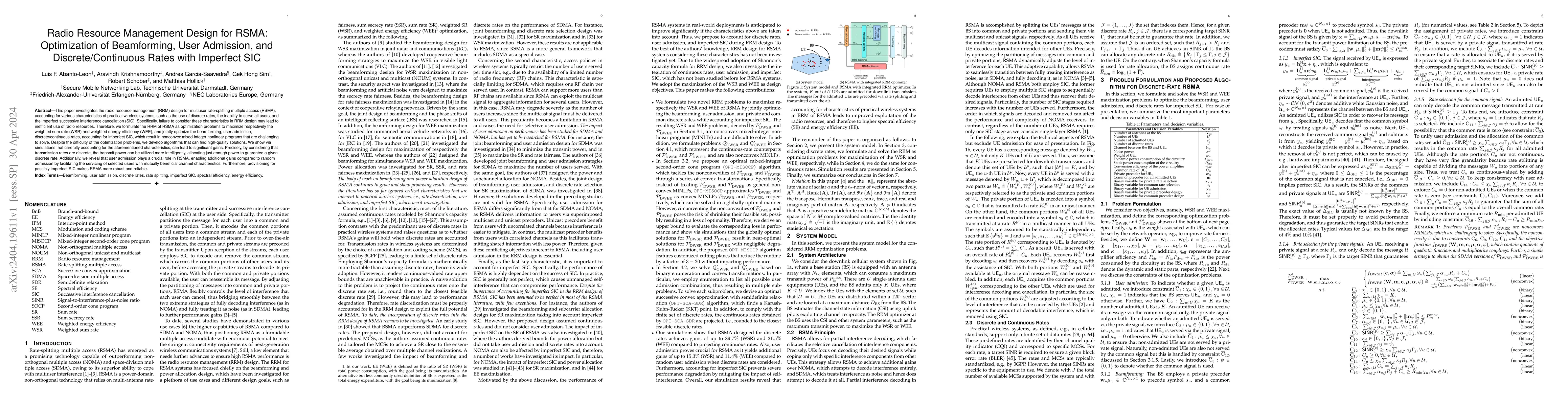 Thumbnail for Radio Resource Management Design for RSMA: Optimization of Beamforming,
  User Admission, and Discrete/Continuous Rates with Imperfect SIC