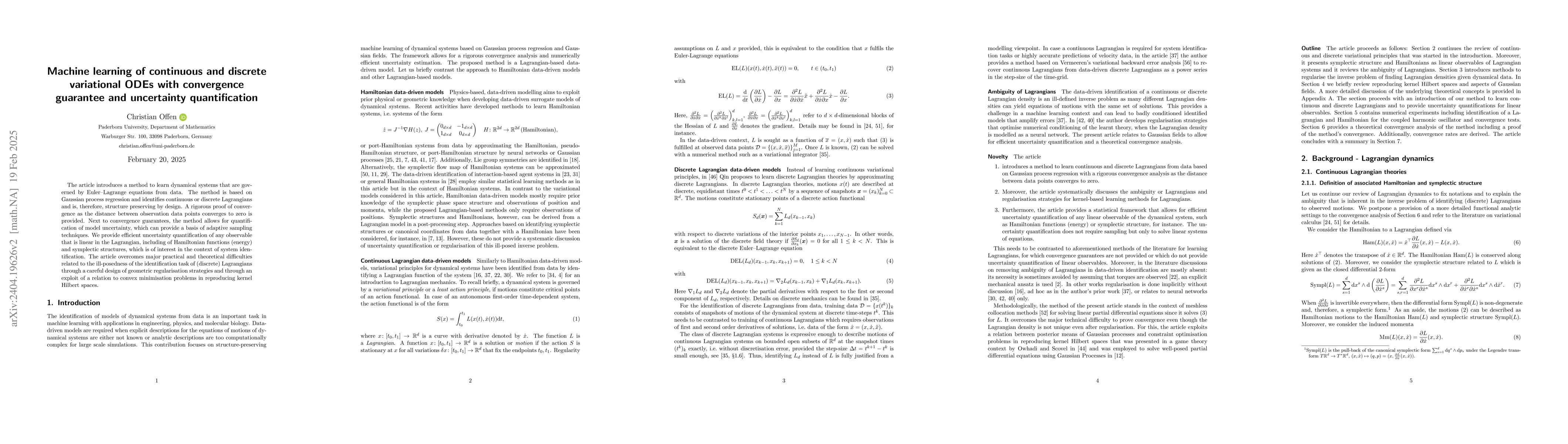 Thumbnail for Machine learning of continuous and discrete variational ODEs with
  convergence guarantee and uncertainty quantification