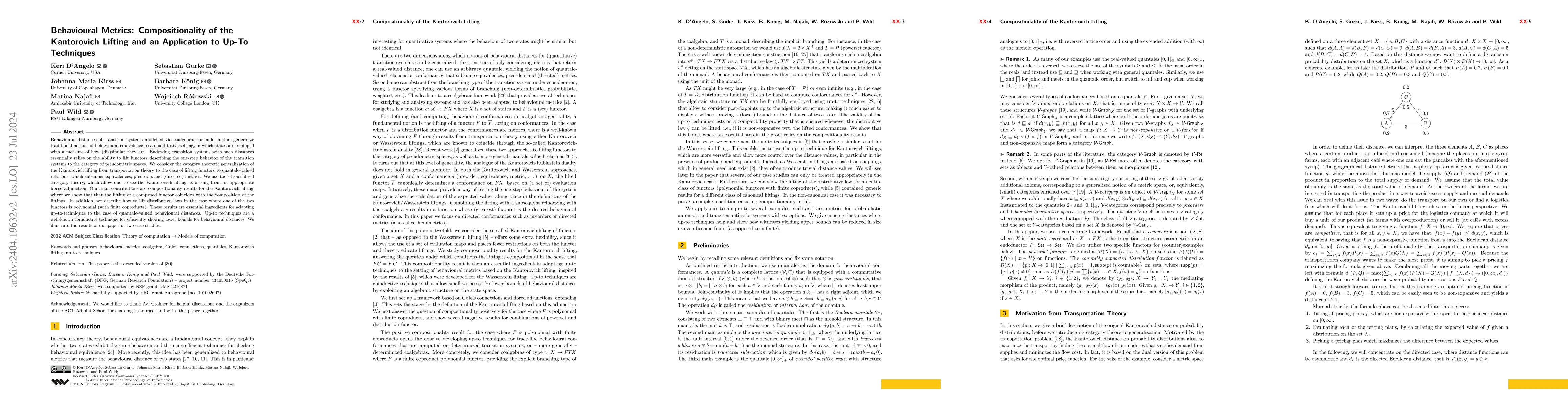 Thumbnail for Behavioural Metrics: Compositionality of the Kantorovich Lifting and an
  Application to Up-To Techniques