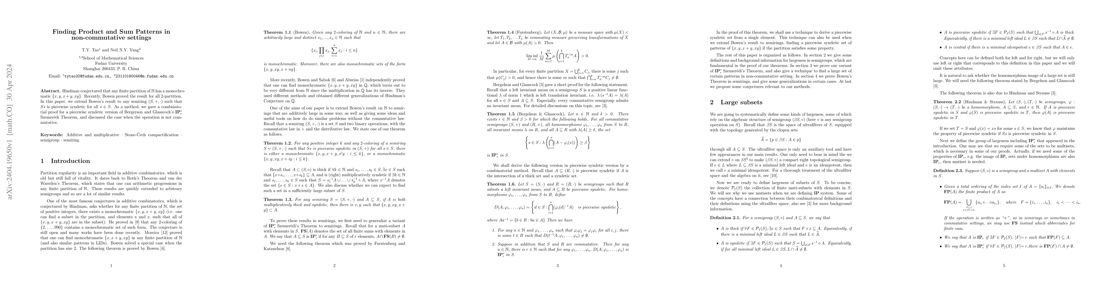 Thumbnail for Finding Product and Sum Patterns in non-commutative settings