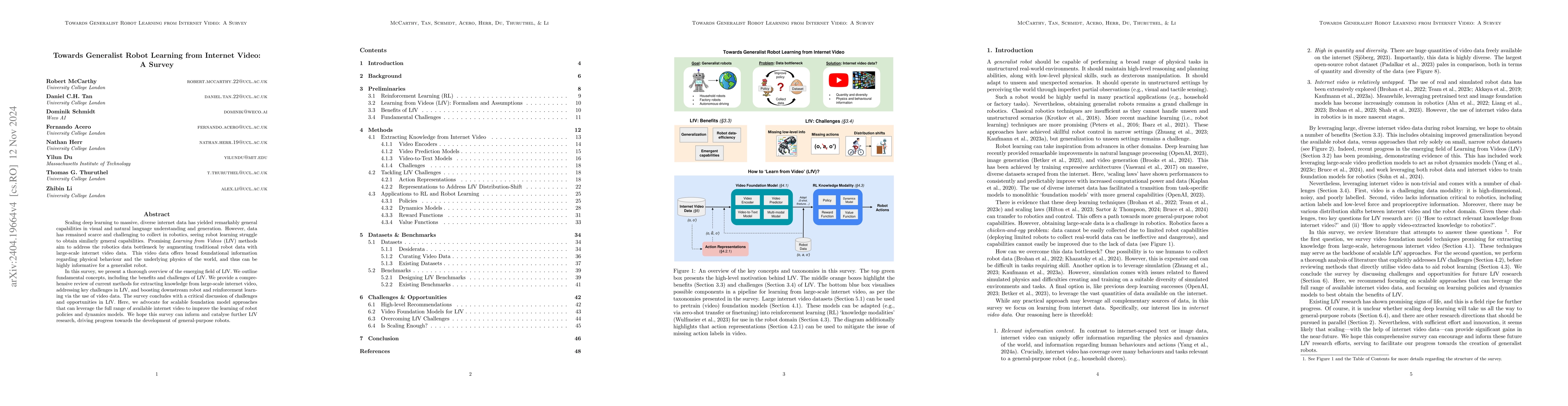 Thumbnail for Towards Generalist Robot Learning from Internet Video: A Survey
