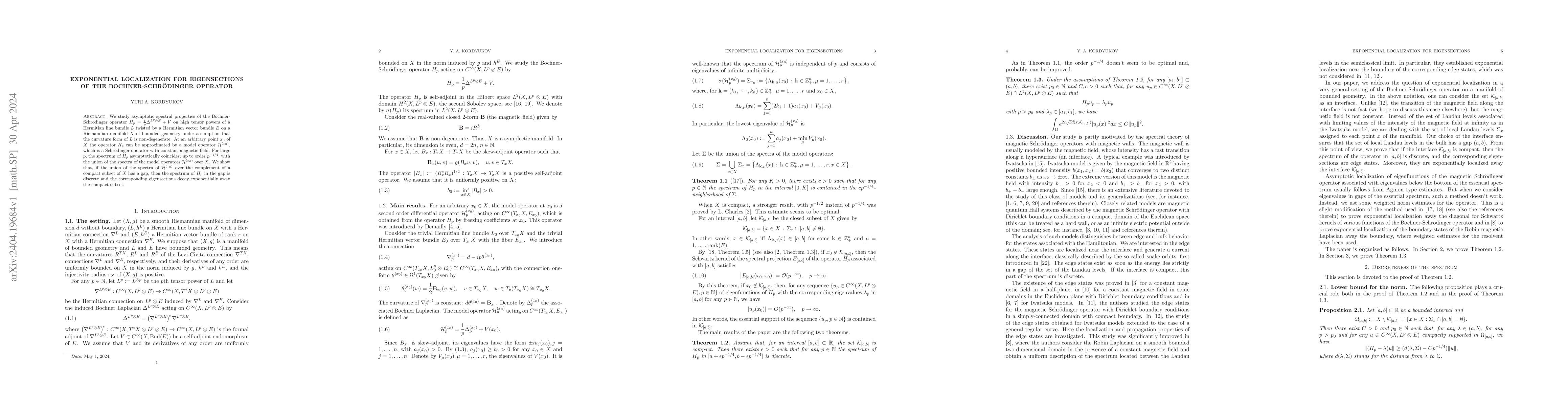 Thumbnail for Exponential localization for eigensections of the Bochner-Schr\"odinger
  operator