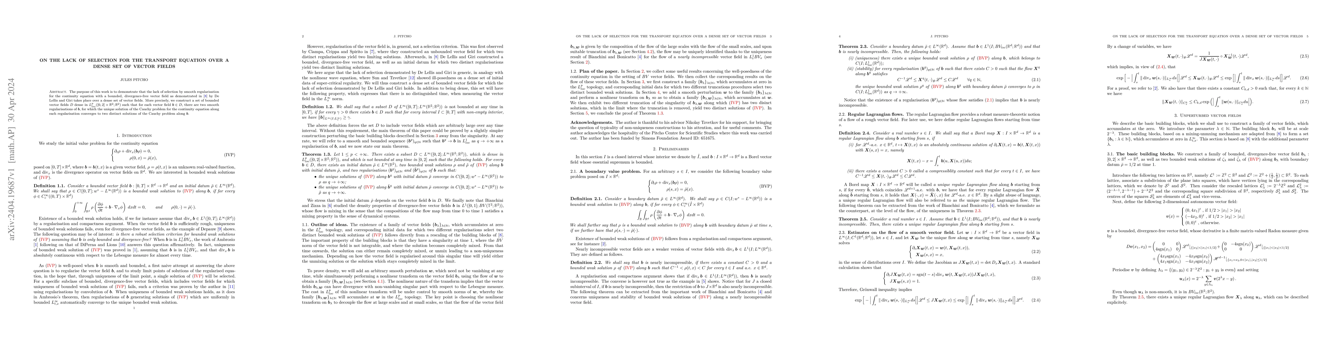 Thumbnail for On the lack of selection for the transport equation over a dense set of
  vector fields