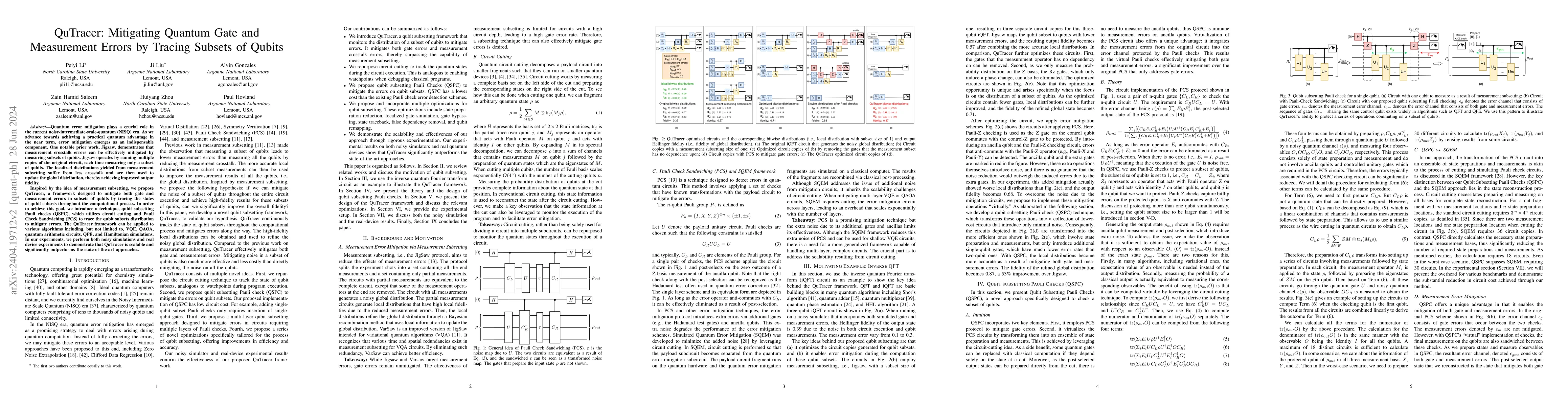 Thumbnail for QuTracer: Mitigating Quantum Gate and Measurement Errors by Tracing
  Subsets of Qubits