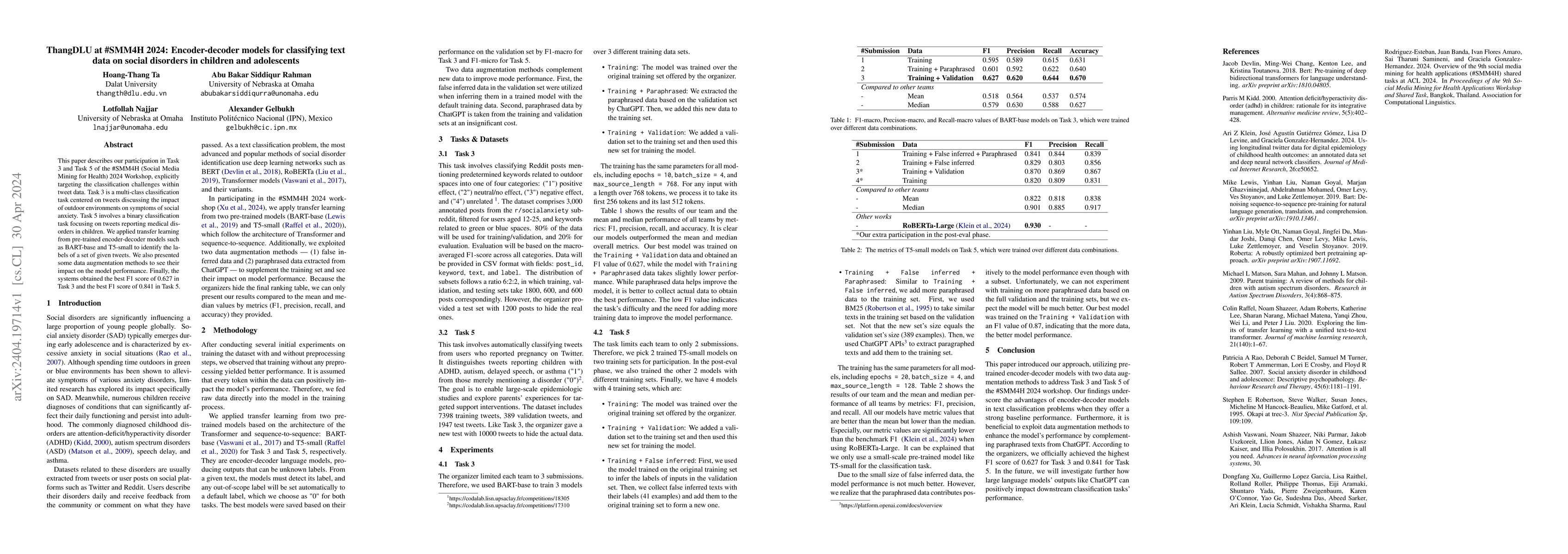 Thumbnail for ThangDLU at #SMM4H 2024: Encoder-decoder models for classifying text
  data on social disorders in children and adolescents