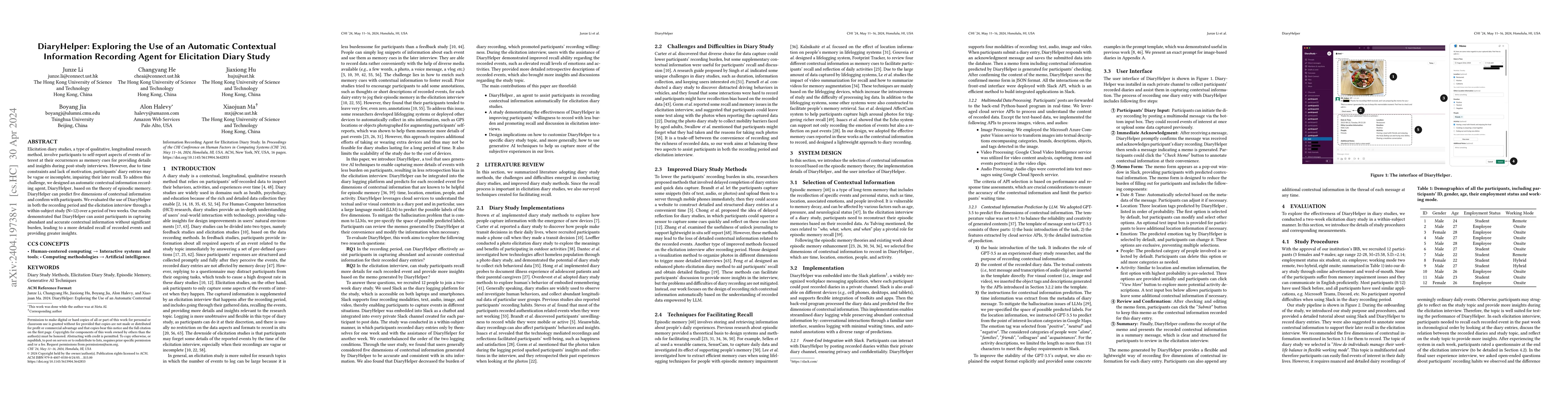 Thumbnail for DiaryHelper: Exploring the Use of an Automatic Contextual Information
  Recording Agent for Elicitation Diary Study