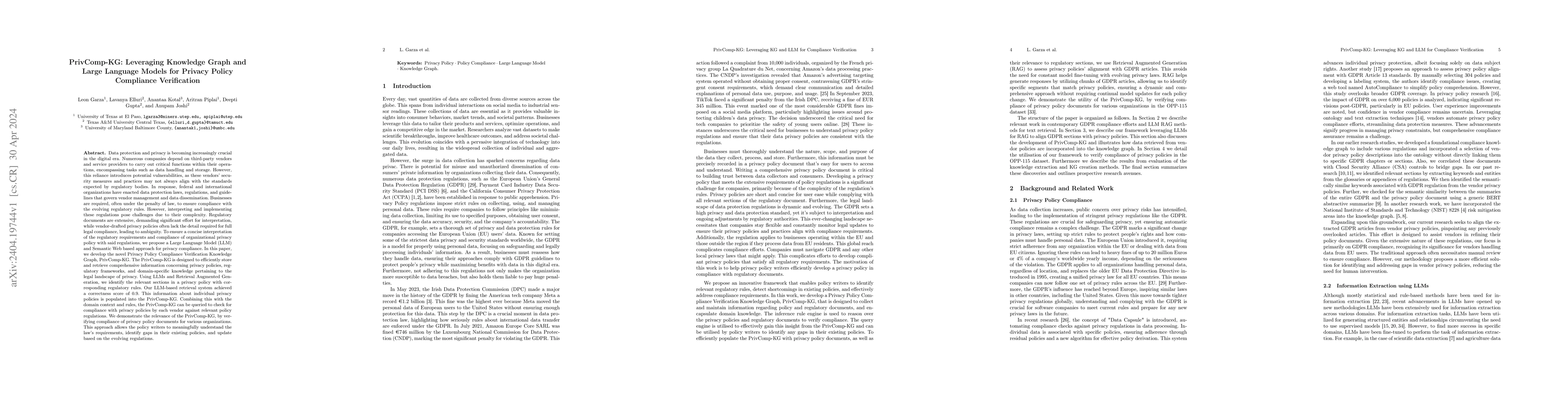 Thumbnail for PrivComp-KG : Leveraging Knowledge Graph and Large Language Models for
  Privacy Policy Compliance Verification