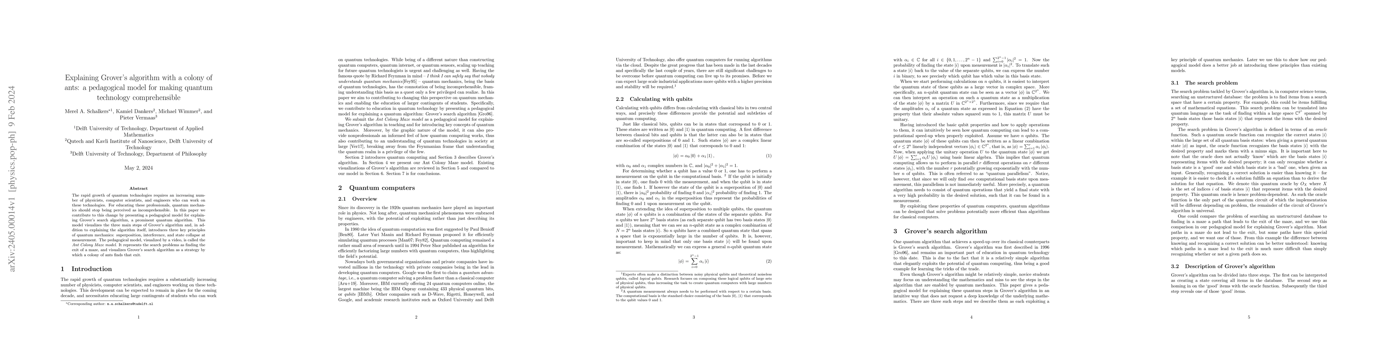 Thumbnail for Explaining Grover's algorithm with a colony of ants: a pedagogical model
  for making quantum technology comprehensible