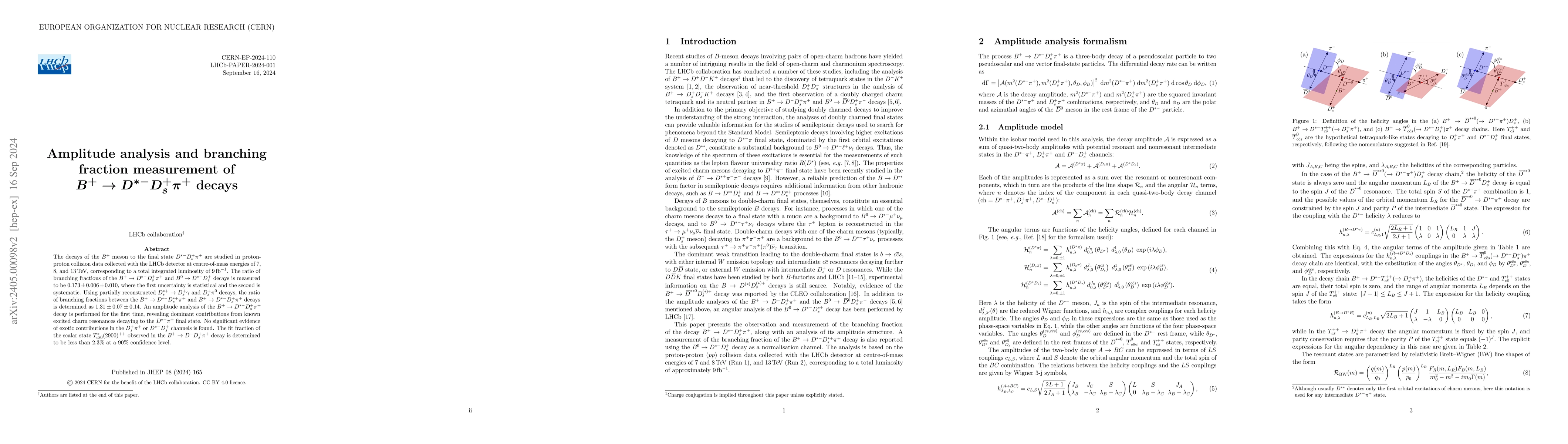 Thumbnail for Amplitude analysis and branching fraction measurement of $B^{+}\to
  D^{*-}D^{+}_{s}\pi^{+}$ decays