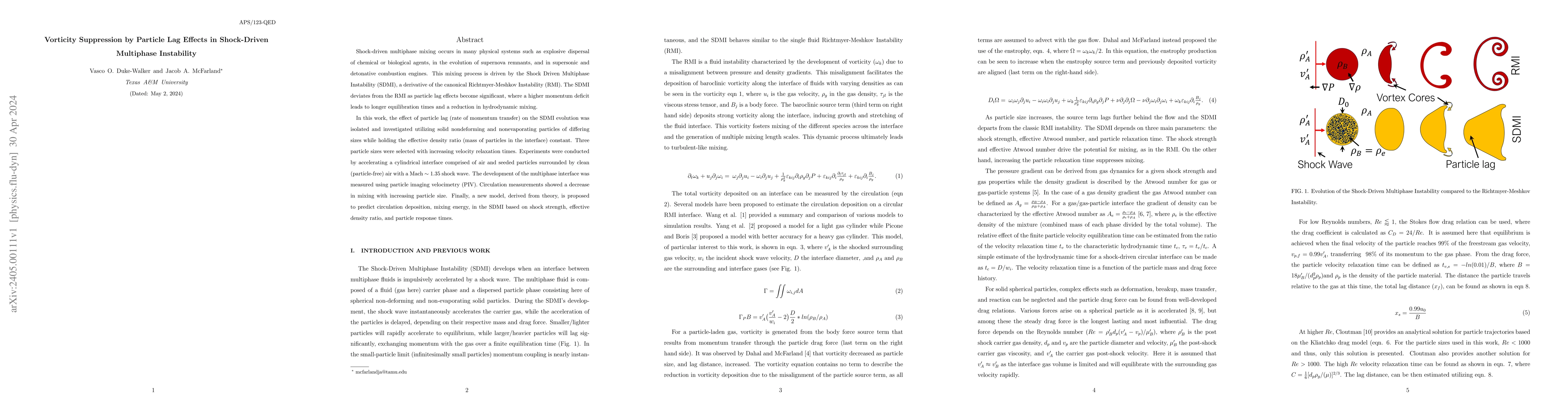 Thumbnail for Vorticity Suppression by Particle Lag Effects in Shock-Driven Multiphase
  Instability