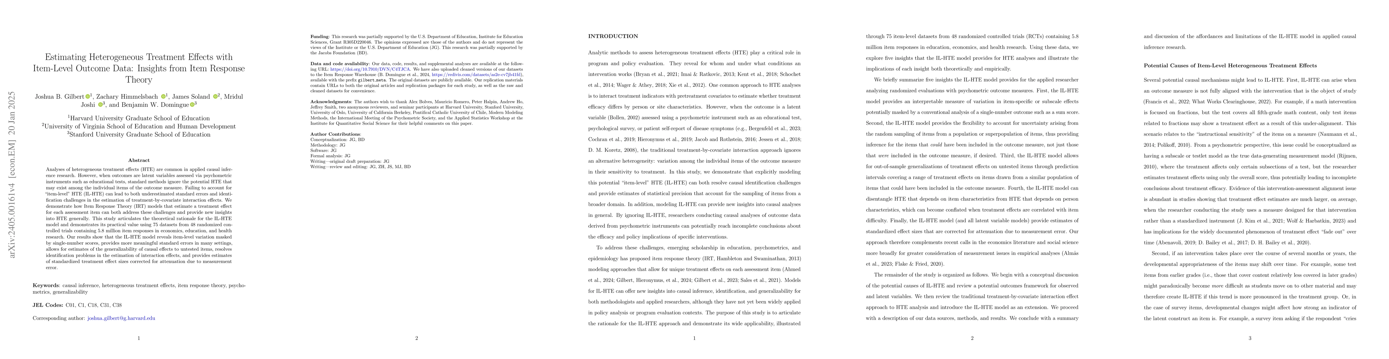 Thumbnail for Estimating Heterogeneous Treatment Effects with Item-Level Outcome Data:
  Insights from Item Response Theory
