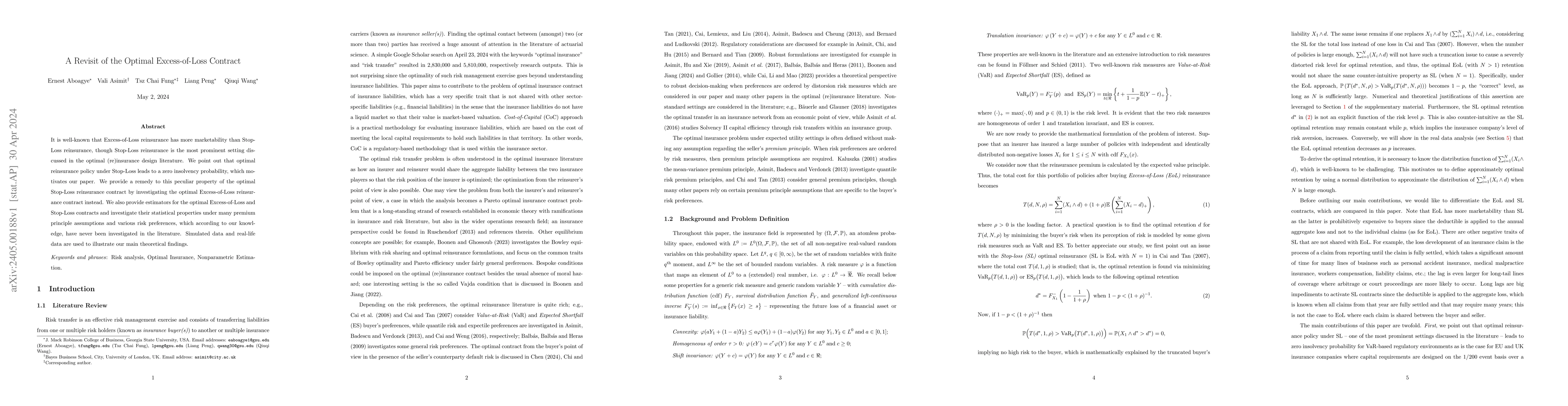 Thumbnail for A Revisit of the Optimal Excess-of-Loss Contract