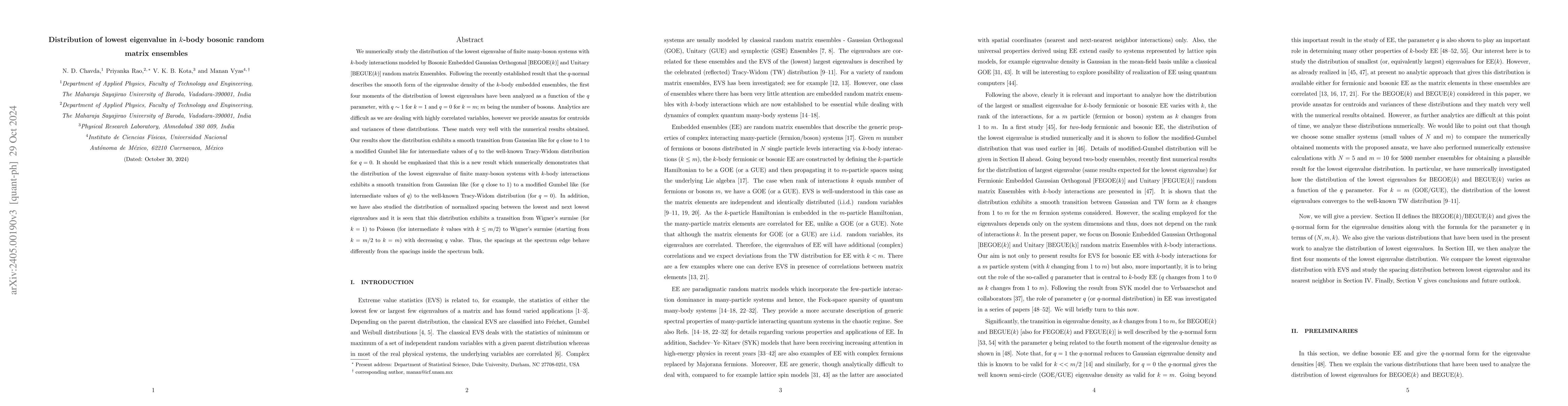 Thumbnail for Distribution of lowest eigenvalue in $k$-body bosonic random matrix
  ensembles