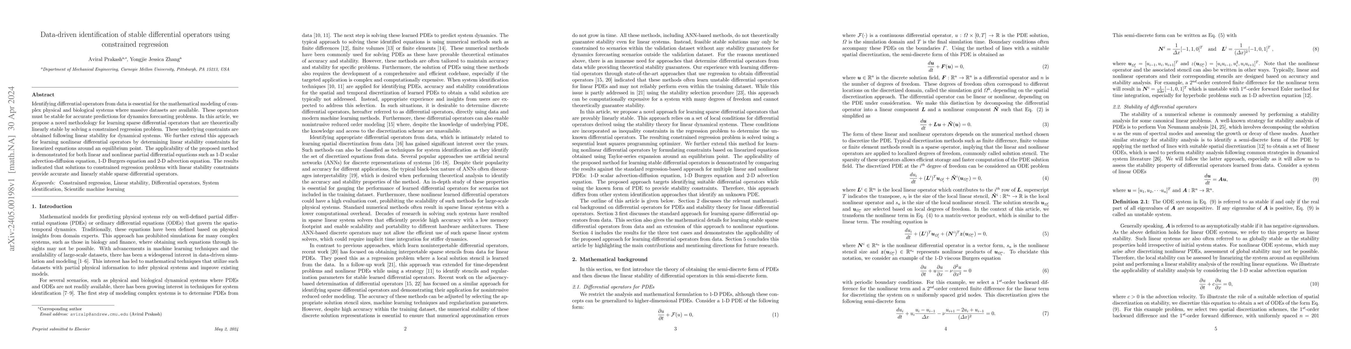Thumbnail for Data-driven identification of stable differential operators using
  constrained regression
