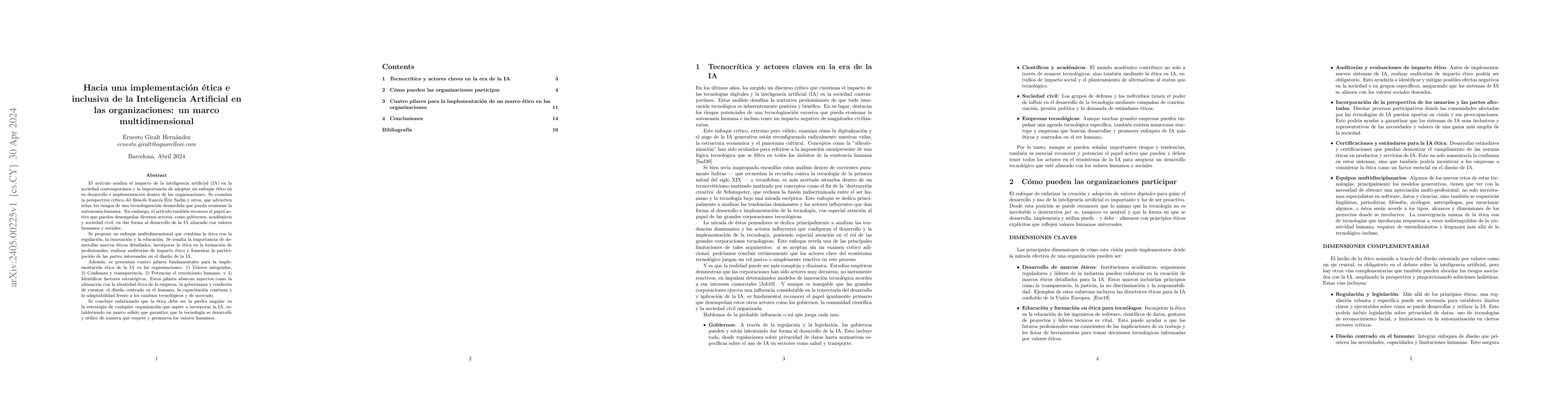 Thumbnail for Hacia una implementaci\'on \'etica e inclusiva de la Inteligencia
  Artificial en las organizaciones: un marco multidimensional