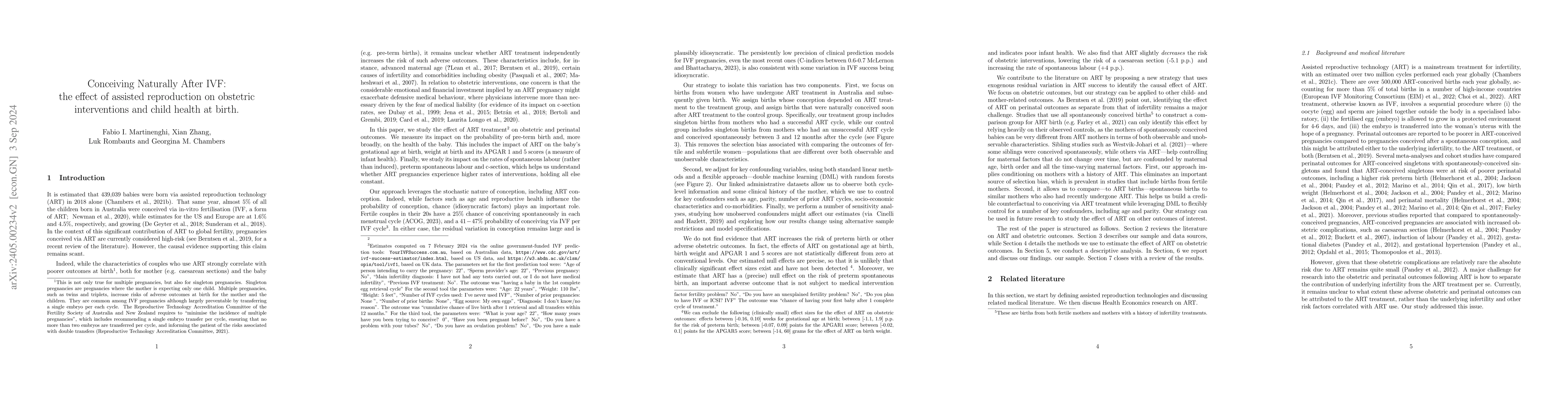 Thumbnail for Conceiving Naturally After IVF: the effect of assisted reproduction on
  obstetric interventions and child health at birth