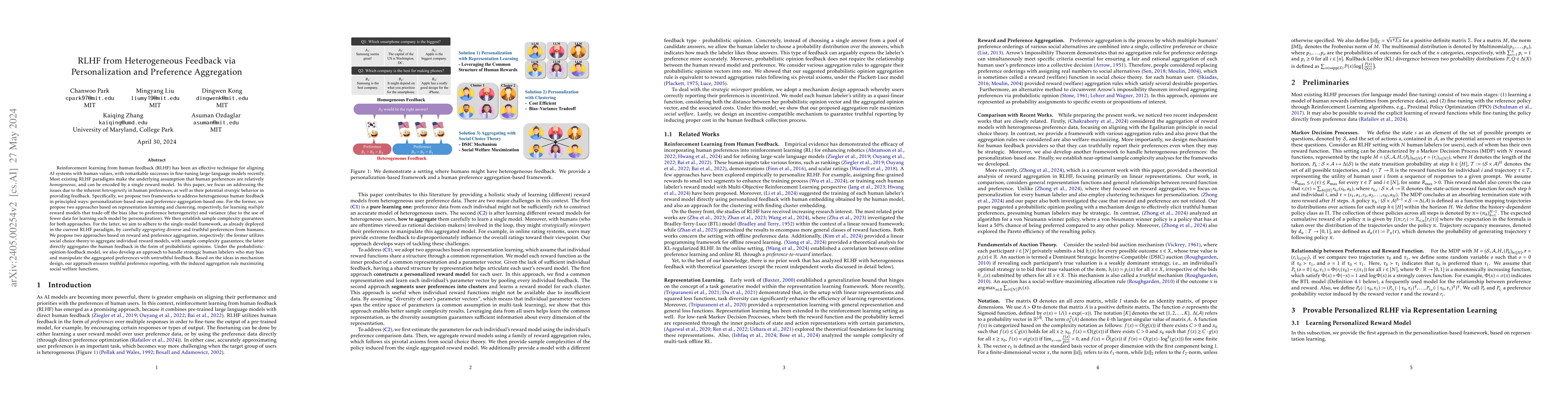 Thumbnail for RLHF from Heterogeneous Feedback via Personalization and Preference
  Aggregation
