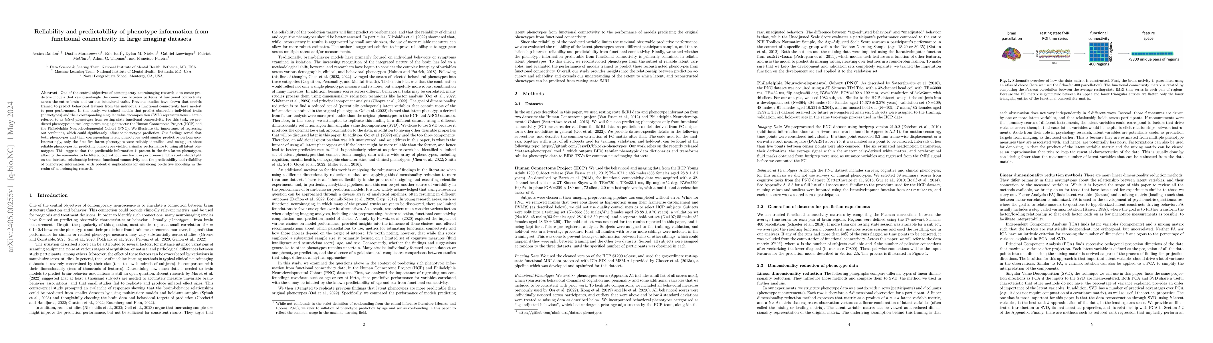 Thumbnail for Reliability and predictability of phenotype information from functional
  connectivity in large imaging datasets