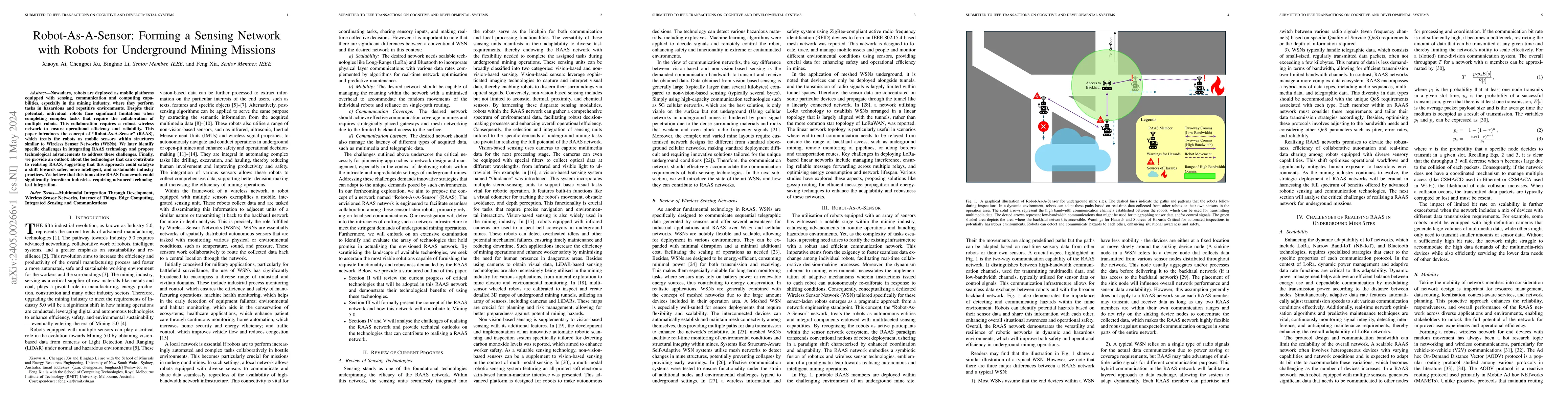 Thumbnail for Robot-As-A-Sensor: Forming a Sensing Network with Robots for Underground
  Mining Missions