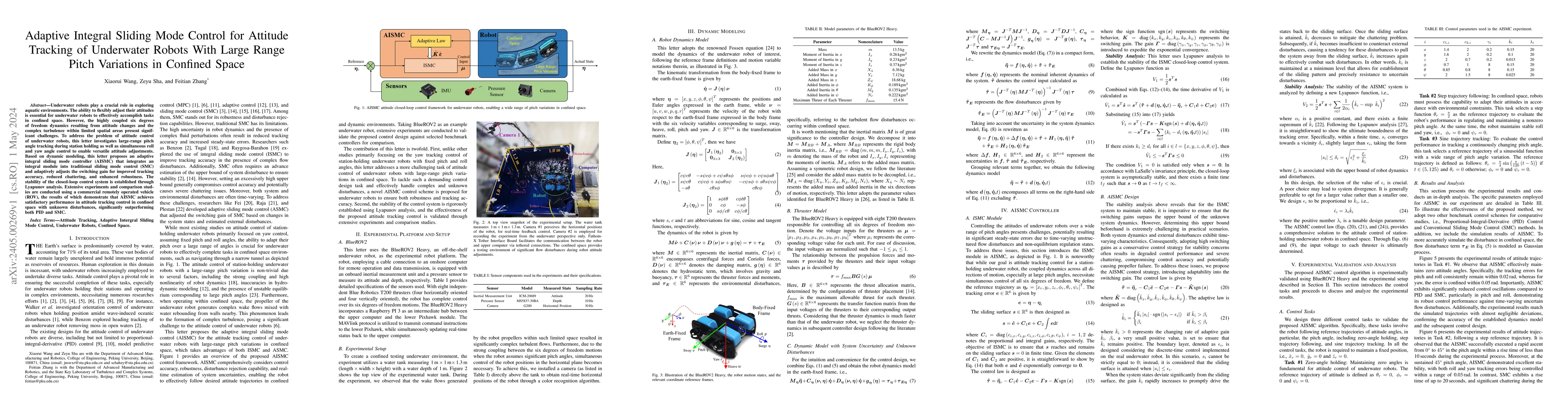 Thumbnail for Adaptive Integral Sliding Mode Control for Attitude Tracking of
  Underwater Robots With Large Range Pitch Variations in Confined Space