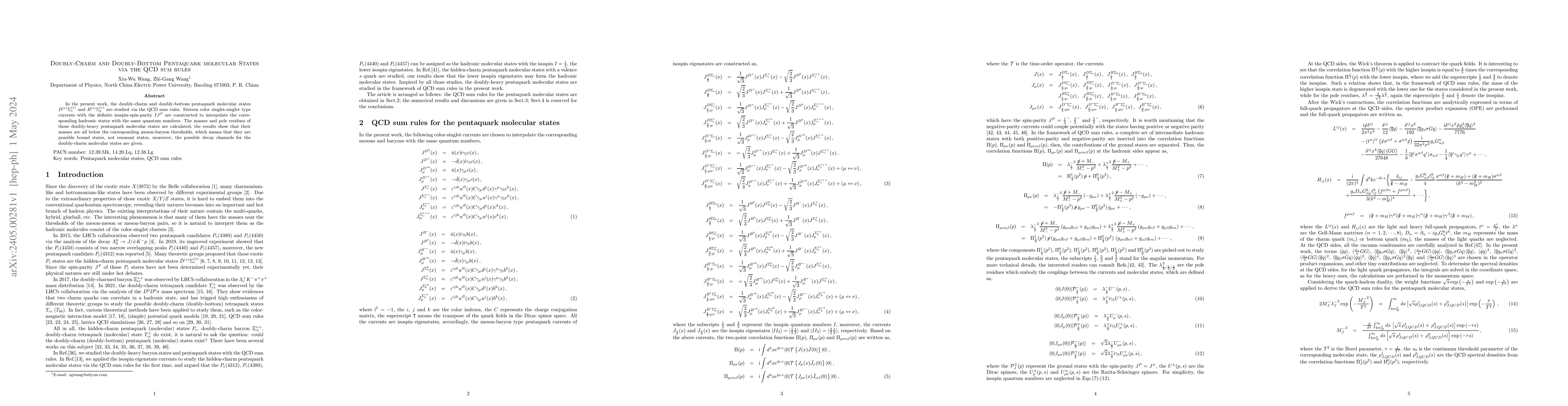 Thumbnail for Doubly-Charm and Doubly-Bottom Pentaquark molecular States via the QCD
  sum rules