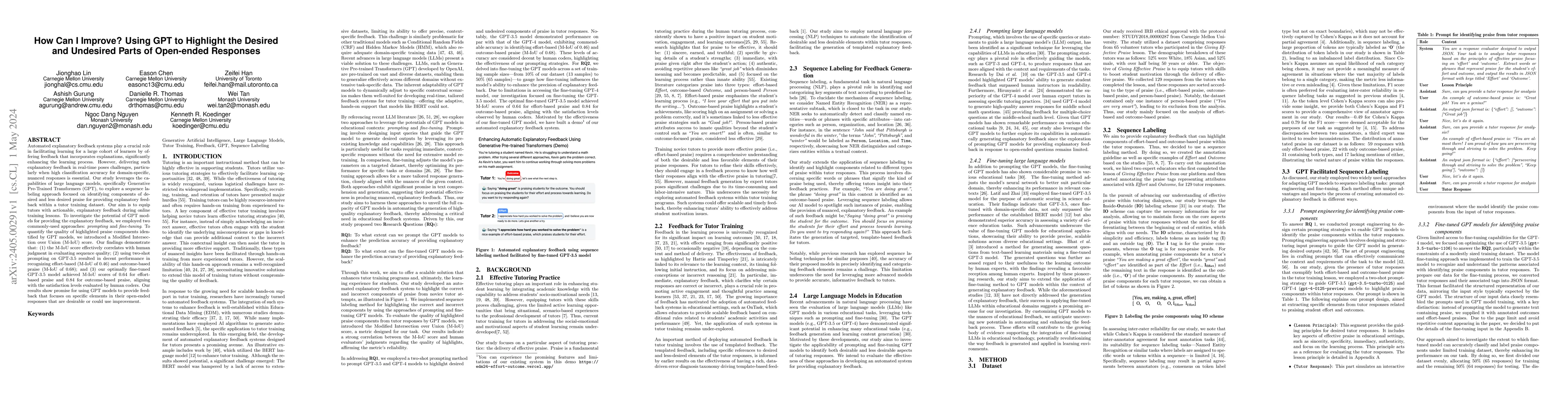Thumbnail for How Can I Improve? Using GPT to Highlight the Desired and Undesired
  Parts of Open-ended Responses