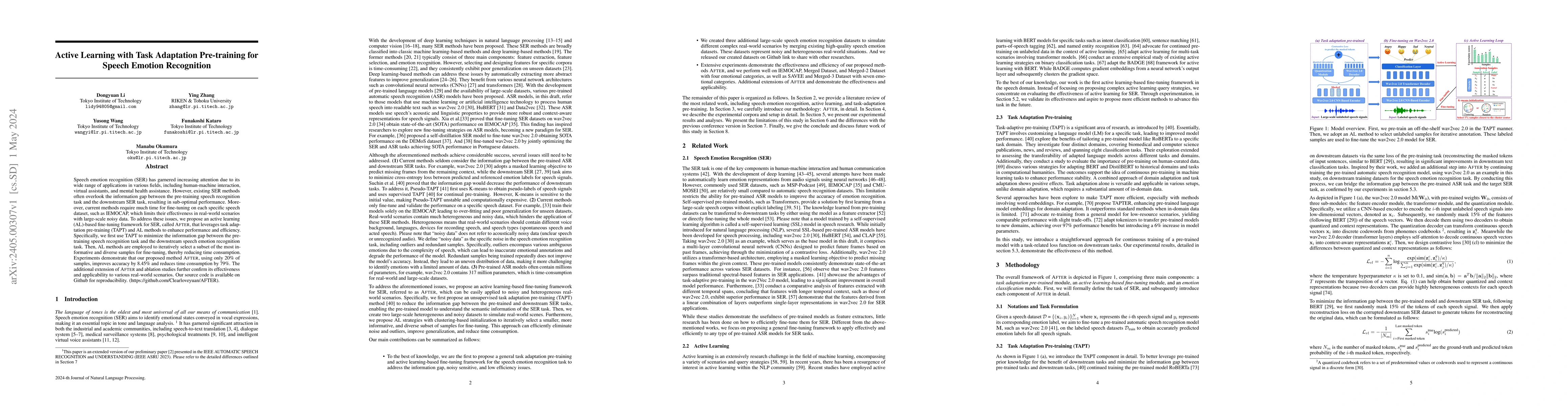 Thumbnail for Active Learning with Task Adaptation Pre-training for Speech Emotion
  Recognition