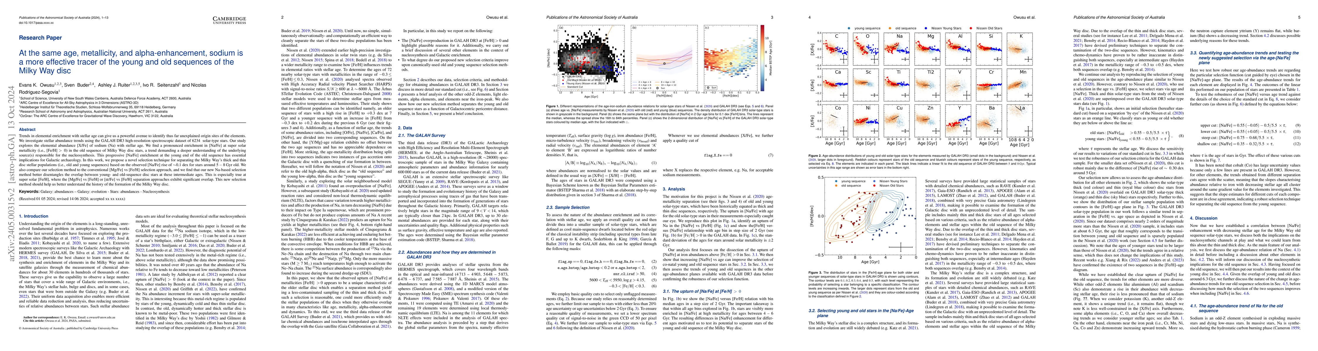 Thumbnail for At the same age, metallicity, and alpha-enhancement, sodium is a more
  effective tracer of the young and old sequences of the Milky Way disc