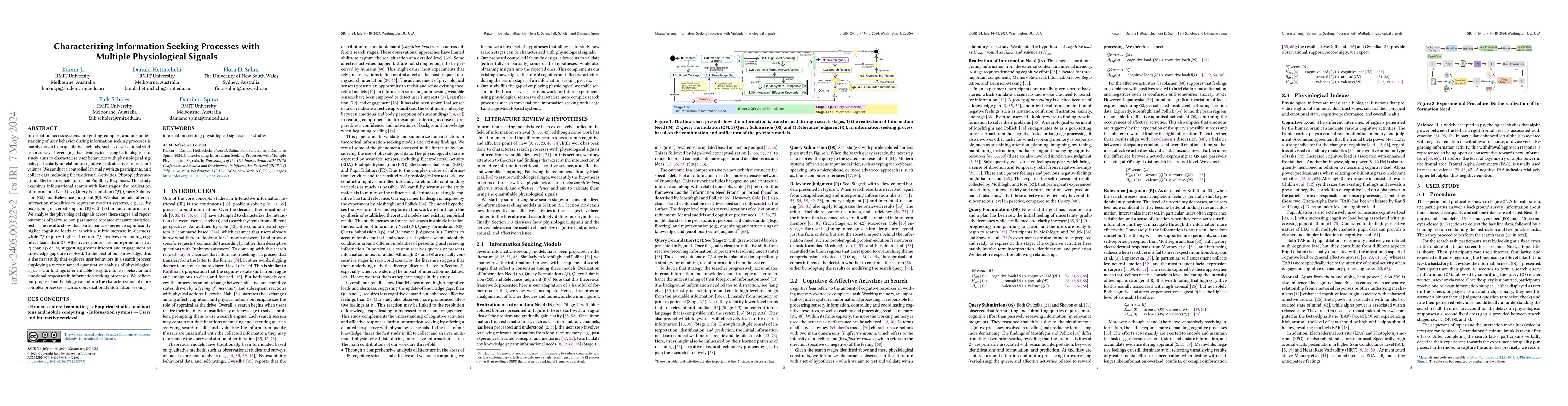 Thumbnail for Characterizing Information Seeking Processes with Multiple Physiological
  Signals
