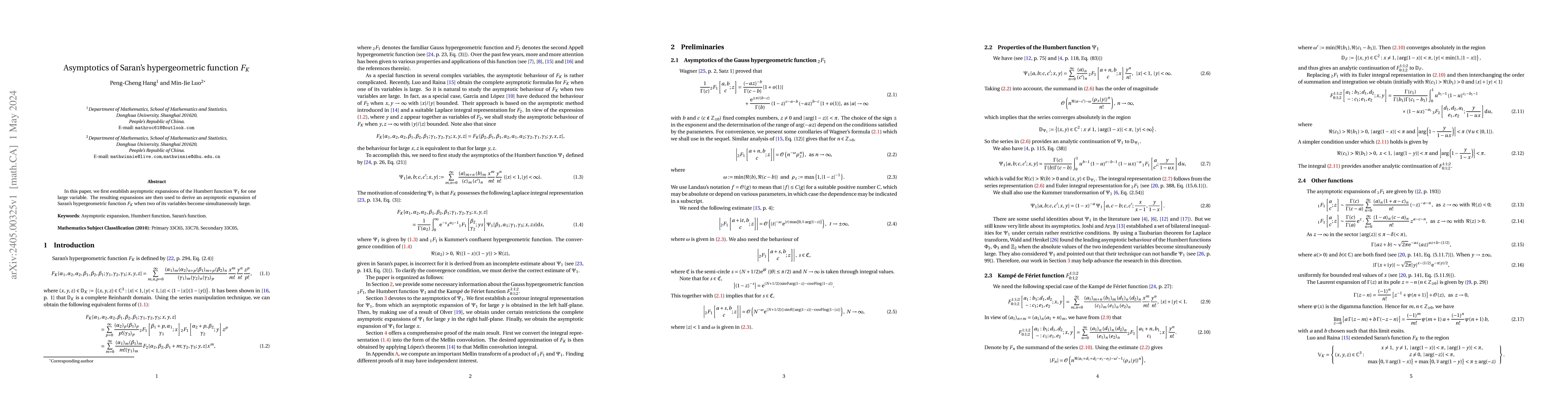 Thumbnail for Asymptotics of Saran's hypergeometric function $F_K$