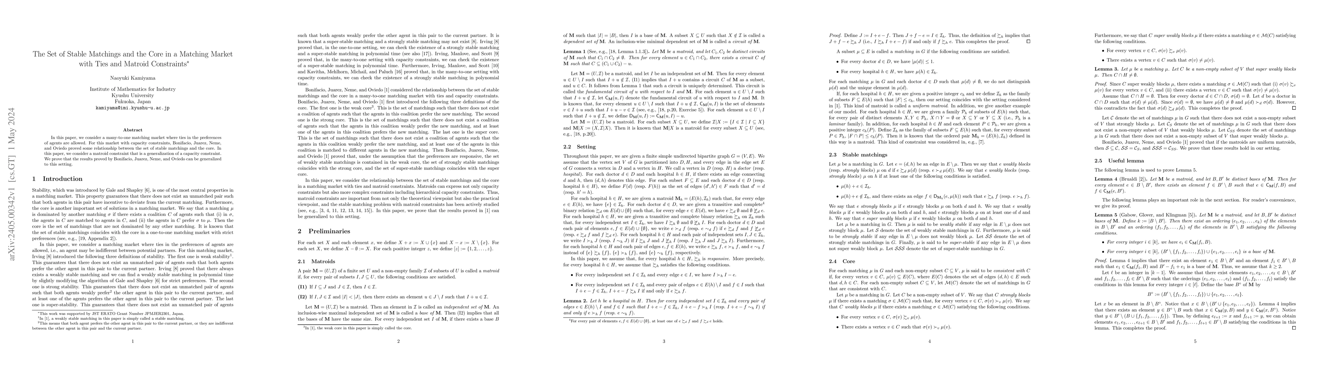 Thumbnail for The Set of Stable Matchings and the Core in a Matching Market with Ties
  and Matroid Constraints
