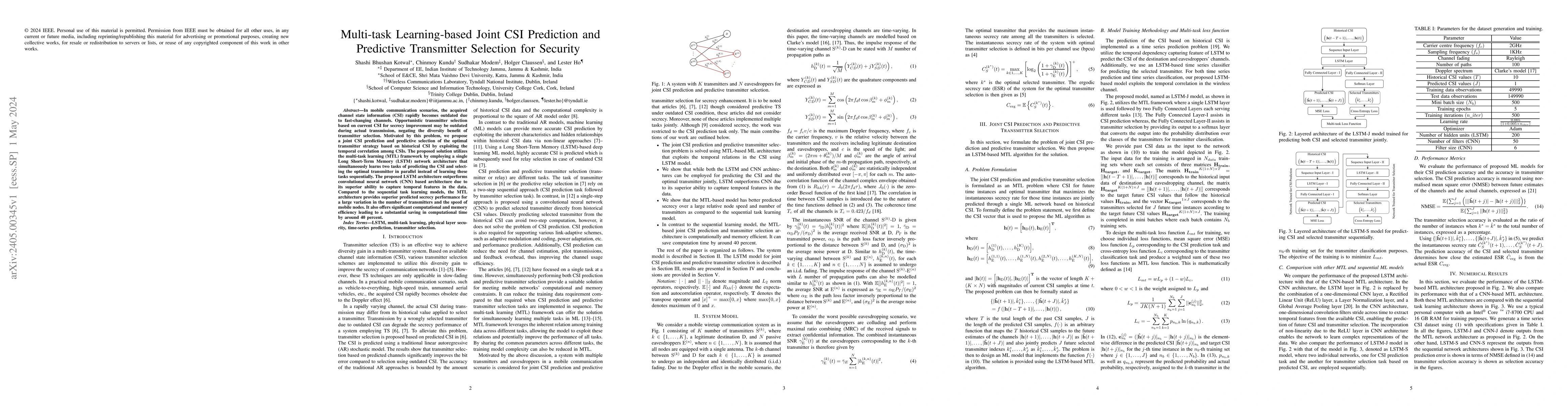 Thumbnail for Multi-task Learning-based Joint CSI Prediction and Predictive
  Transmitter Selection for Security